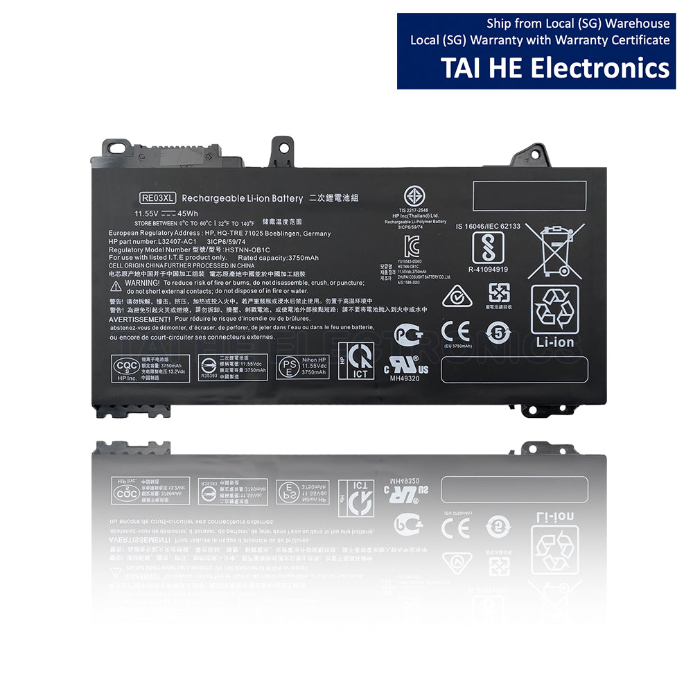 RE03 RE03XL Laptop Battery Compatible with HP ProBook 430 440 445 450 455R G6 430 440 445 450 G7 Serie HSTNN-OB1C HSTNN-UB7R HSTNN-DB9A L32407-AC1 L32407-2B1 L32407-541 L32656-005 11.55V 45Wh 3750mAh