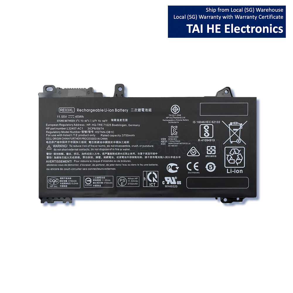 RE03 RE03XL Laptop Battery Compatible with HP ProBook 430 440 445 450 455R G6 430 440 445 450 G7 Serie HSTNN-OB1C HSTNN-UB7R HSTNN-DB9A L32407-AC1 L32407-2B1 L32407-541 L32656-005 11.55V 45Wh 3750mAh
